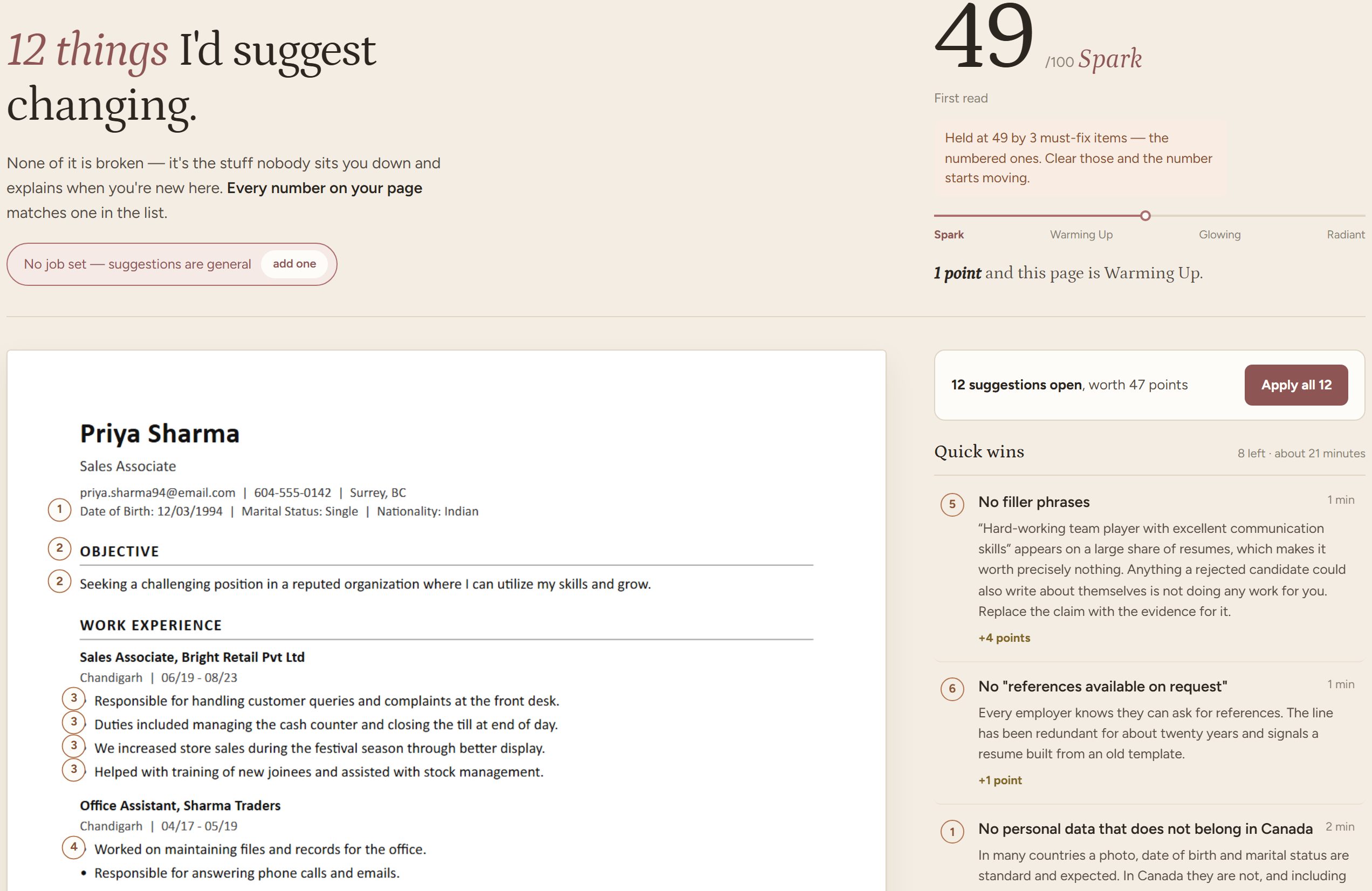 The Resume Studio showing a resume with numbered notes marked on the page beside a list of suggested changes.